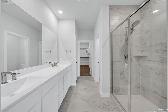 771 Fort Leonard, San Antonio, TX 78245 - bathroom with marble finish flooring, a marble finish shower, toilet, double vanity, and baseboards