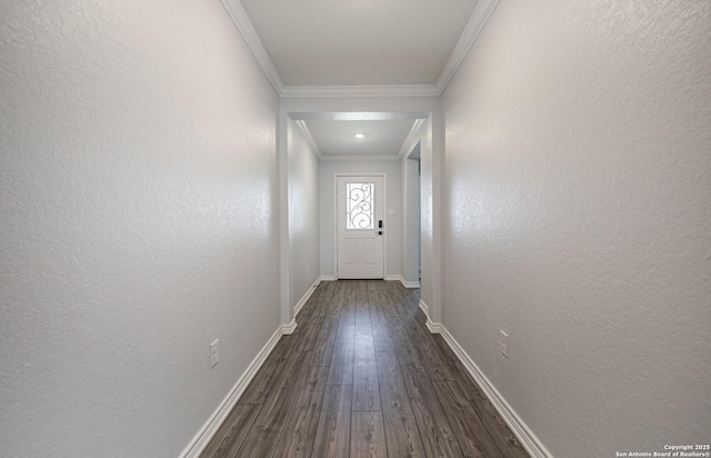 14755 Grey Egret Run, San Antonio, TX 78253 - entryway with dark wood-style flooring, crown molding, baseboards, and a textured wall