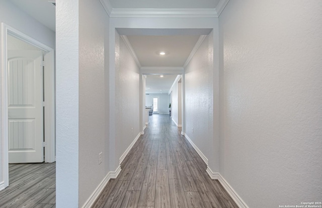 14755 Grey Egret Run, San Antonio, TX 78253 - hall featuring wood finished floors, a textured wall, crown molding, and baseboards