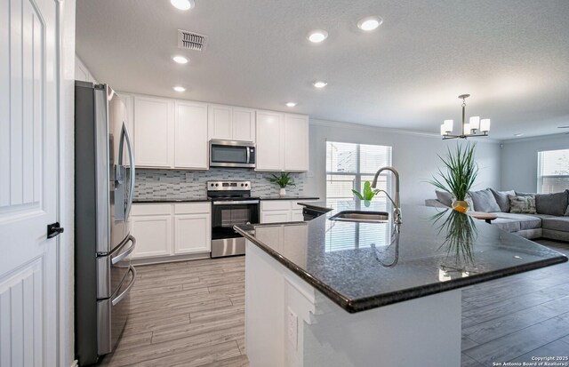 14755 Grey Egret Run, San Antonio, TX 78253 - kitchen featuring appliances with stainless steel finishes, a sink, light wood-style floors, a chandelier, and backsplash