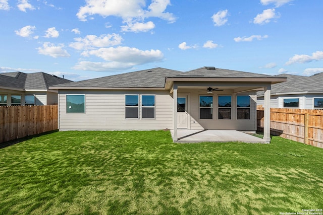 22111 Jordans Pl, San Antonio, TX 78264 - back of house with ceiling fan, a patio area, and a shingled roof