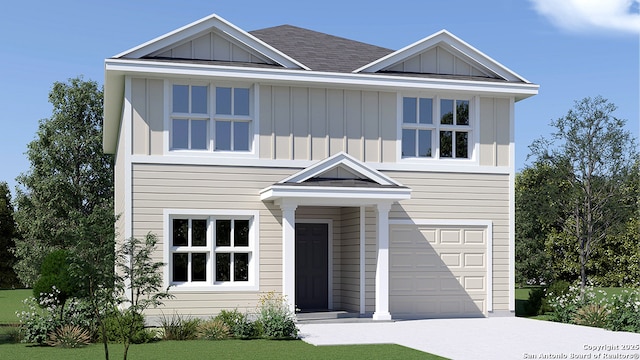 7319 Perseus Brk, San Antonio, TX 78252 - view of front facade with board and batten siding, a garage, driveway, and roof with shingles