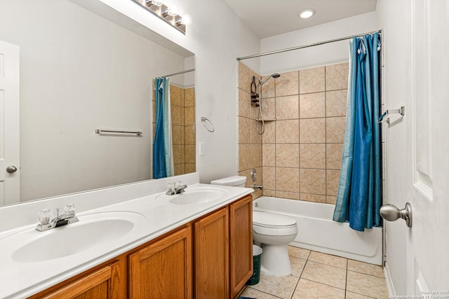 22207 Impala Peak, San Antonio, TX 78259 - bathroom with toilet, shower / bath combination with curtain, tile patterned floors, and double vanity