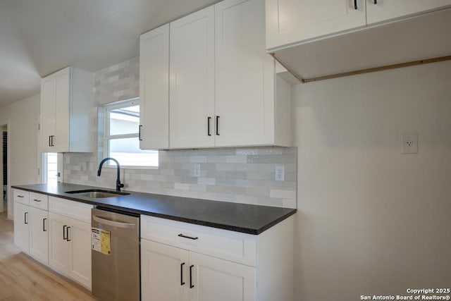 1514 Arroya Vis, San Antonio, TX 78213 - kitchen with stainless steel dishwasher, a sink, decorative backsplash, and dark countertops