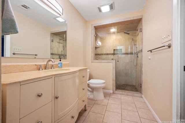 1215 Amanda, Canyon Lake, TX 78133 - full bath featuring toilet, vanity, a stall shower, baseboards, and tile patterned floors