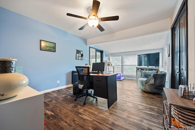 1215 Amanda, Canyon Lake, TX 78133 - home office with vaulted ceiling, wood finished floors, ceiling fan, and baseboards