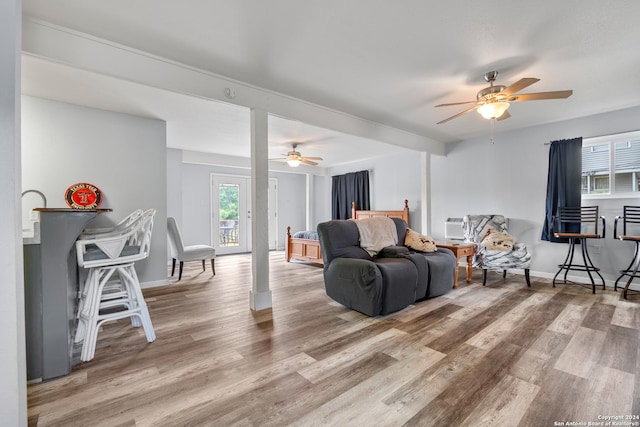 1215 Amanda, Canyon Lake, TX 78133 - living room with ceiling fan, light wood-type flooring, and baseboards