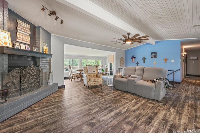 1215 Amanda, Canyon Lake, TX 78133 - living area featuring a brick fireplace, wood finished floors, baseboards, ceiling fan, and wooden ceiling