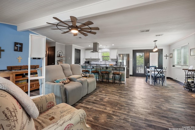 1215 Amanda, Canyon Lake, TX 78133 - living area with dark wood-type flooring, a ceiling fan, beam ceiling, recessed lighting, and ornamental molding