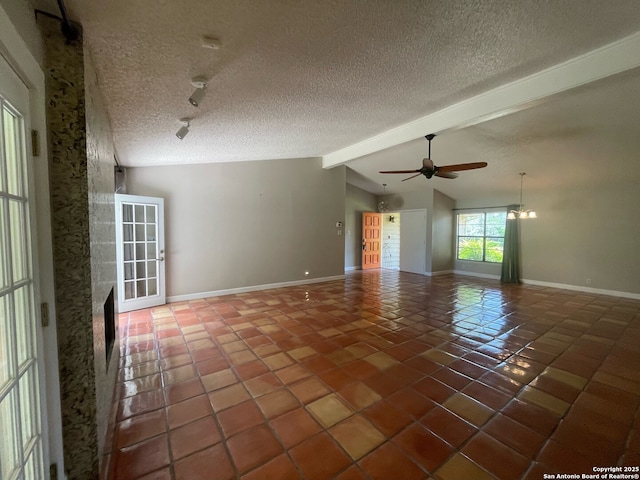 14102 Anabella, San Antonio, TX 78247 - unfurnished living room featuring ceiling fan, tile patterned floors, baseboards, and a textured ceiling
