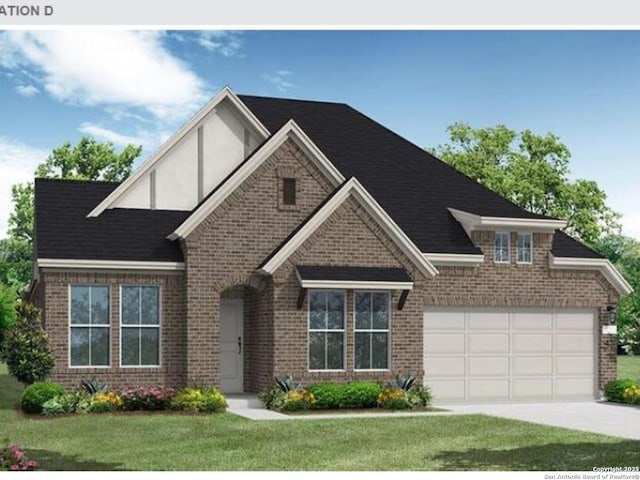 208 Fillmore Fls, Cibolo, TX 78108 - view of front of house featuring brick siding, driveway, a front lawn, and a garage