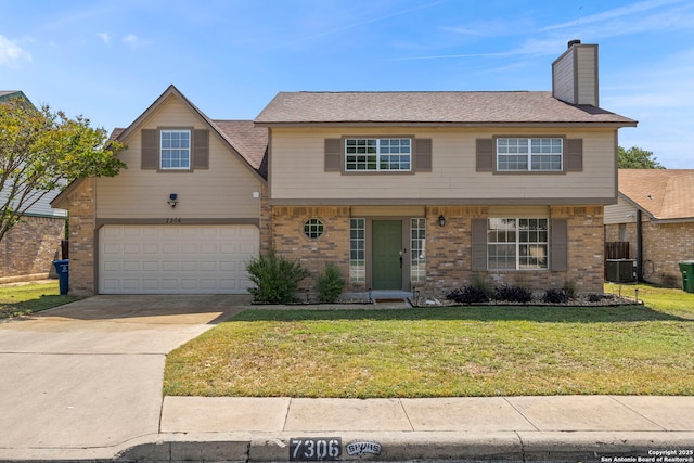 7306 Park W, San Antonio, TX 78250 - view of front of property with brick siding, concrete driveway, a front lawn, and a chimney