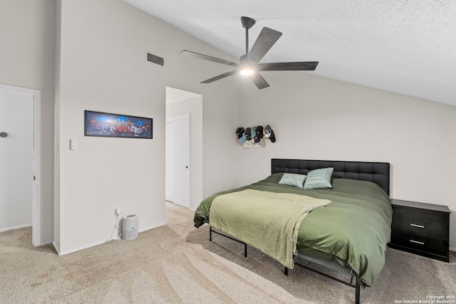 7306 Park W, San Antonio, TX 78250 - bedroom featuring lofted ceiling, carpet floors, a ceiling fan, a textured ceiling, and baseboards