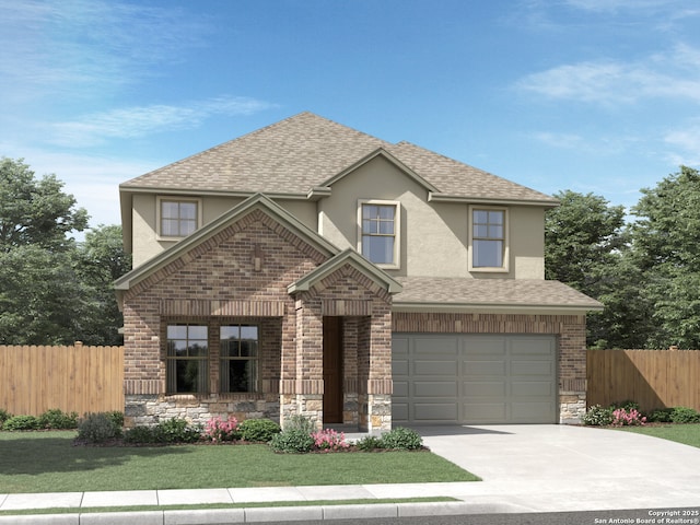 9921 Paladin Rdg, San Antonio, TX 78254 - traditional-style house featuring stucco siding, a garage, driveway, a shingled roof, and stone siding
