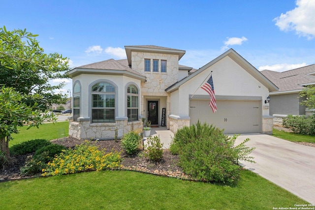 112 La Cima, Boerne, TX 78006 - view of front of property with stone siding, a garage, concrete driveway, and a front lawn