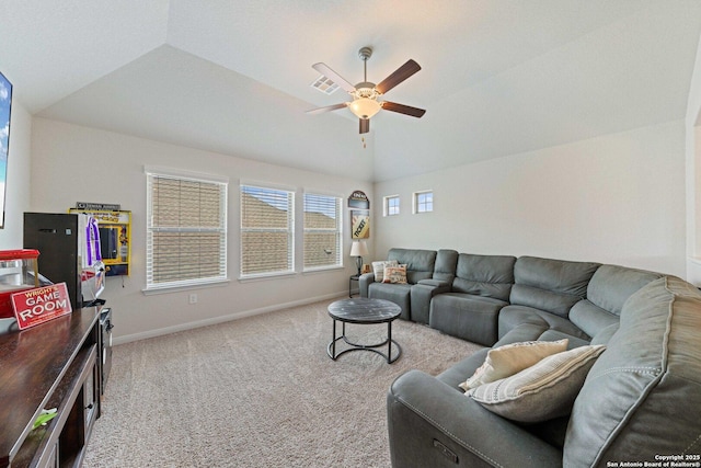 112 La Cima, Boerne, TX 78006 - living area with a ceiling fan, baseboards, carpet flooring, and vaulted ceiling