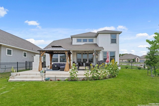 112 La Cima, Boerne, TX 78006 - rear view of property with a gazebo, an outdoor living space, a patio area, stucco siding, and roof with shingles
