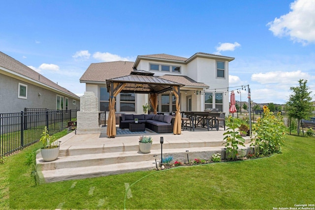 112 La Cima, Boerne, TX 78006 - rear view of house with outdoor lounge area, a gazebo, a patio, and stucco siding