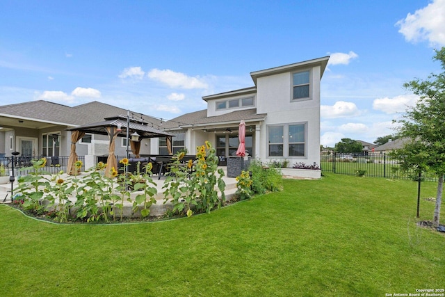 112 La Cima, Boerne, TX 78006 - back of house with a patio, stucco siding, ceiling fan, a gazebo, and roof with shingles