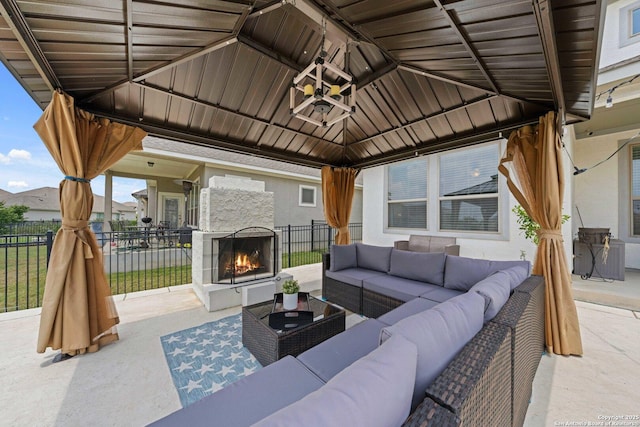 112 La Cima, Boerne, TX 78006 - view of patio / terrace featuring a gazebo and an outdoor living space with a fireplace