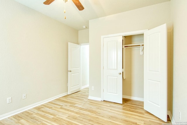 12902 Gypsophila, San Antonio, TX 78253 - unfurnished bedroom featuring light wood-style floors, a closet, baseboards, and a ceiling fan