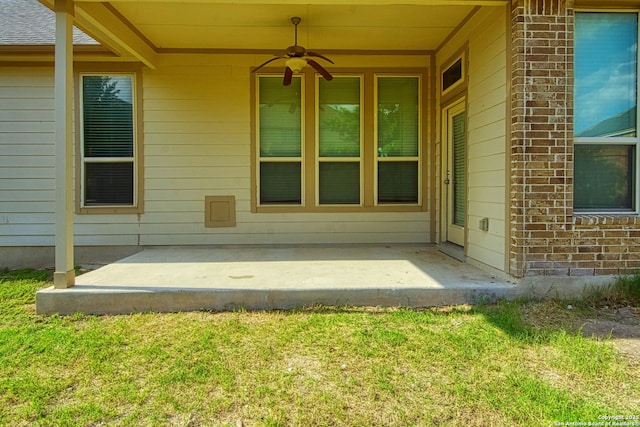 12902 Gypsophila, San Antonio, TX 78253 - property entrance featuring a patio, ceiling fan, and a lawn