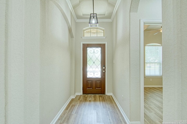 12902 Gypsophila, San Antonio, TX 78253 - foyer featuring a textured wall, wood finished floors, crown molding, and baseboards