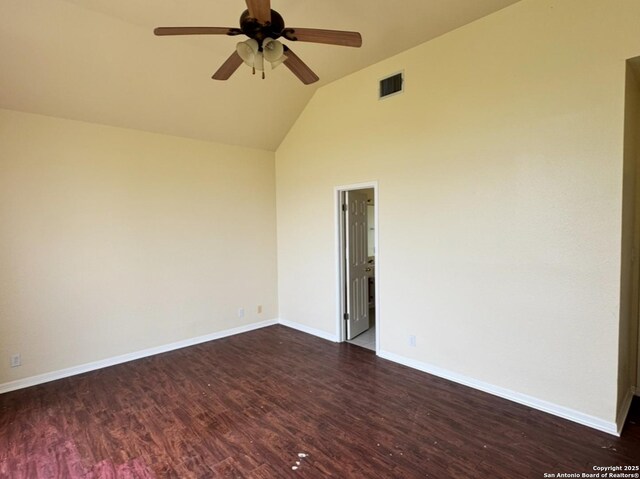 135 Muirfield Ln, Vernia, TX 78121 - unfurnished room featuring a ceiling fan, dark wood-style flooring, baseboards, and high vaulted ceiling