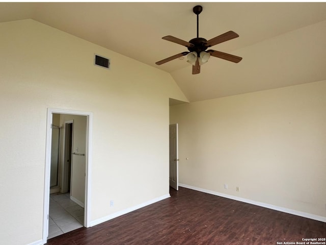135 Muirfield Ln, Vernia, TX 78121 - unfurnished room featuring vaulted ceiling, wood finished floors, ceiling fan, and baseboards