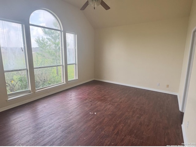 135 Muirfield Ln, Vernia, TX 78121 - empty room featuring dark wood-type flooring, a ceiling fan, vaulted ceiling, and baseboards