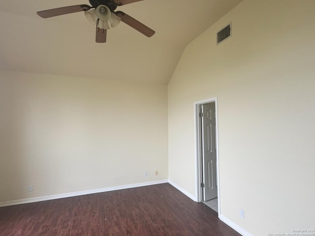 135 Muirfield Ln, Vernia, TX 78121 - spare room featuring a ceiling fan, dark wood-type flooring, lofted ceiling, and baseboards