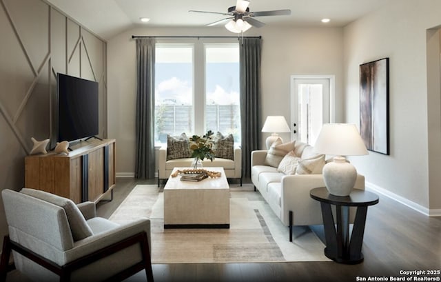 6411 Morgan Gln, San Antonio, TX 78253 - living area with ceiling fan, light wood finished floors, baseboards, lofted ceiling, and recessed lighting