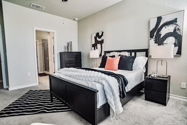 158 Landing Ln, New Braunfels, TX 78130 - carpeted bedroom with a textured ceiling, baseboards, ensuite bathroom, and a textured wall