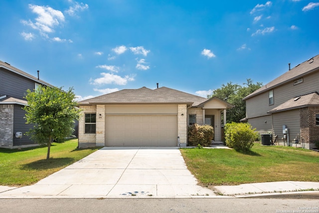 148 Whitetail, San Antonio, TX 78253 - view of front of house featuring an attached garage, a front lawn, concrete driveway, and cooling unit