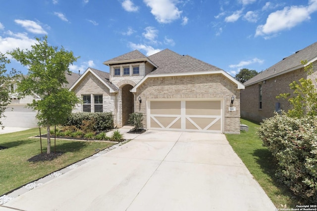 146 Beaver Bnd, Boerne, TX 78006 - french country home featuring brick siding, a front yard, concrete driveway, roof with shingles, and stone siding