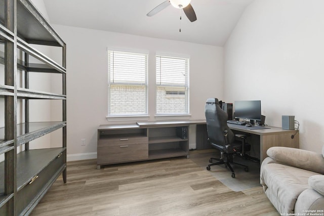 146 Beaver Bnd, Boerne, TX 78006 - office with ceiling fan, light wood-style floors, lofted ceiling, and baseboards