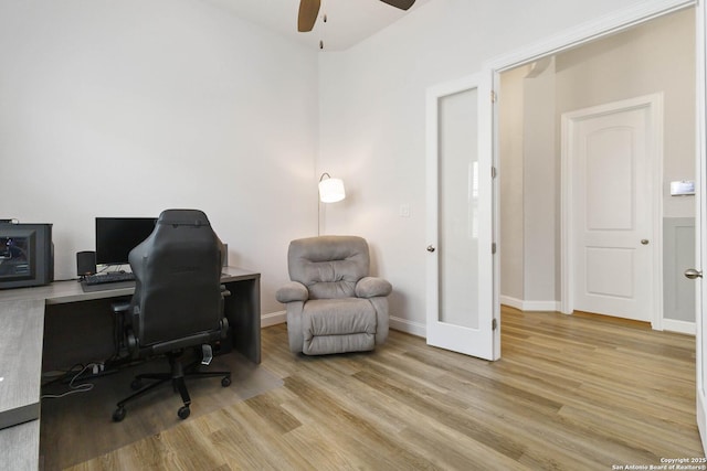 146 Beaver Bnd, Boerne, TX 78006 - office area featuring a ceiling fan, wood finished floors, and baseboards