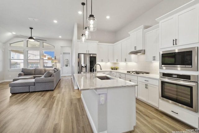 146 Beaver Bnd, Boerne, TX 78006 - kitchen featuring stainless steel appliances, a sink, a ceiling fan, light wood-type flooring, and a kitchen island with sink