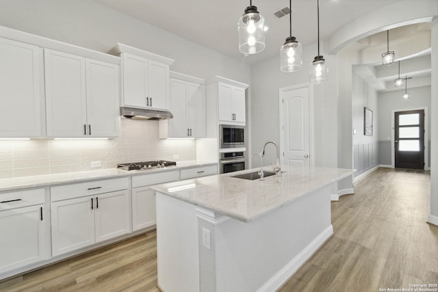 146 Beaver Bnd, Boerne, TX 78006 - kitchen featuring a sink, stainless steel appliances, under cabinet range hood, and light wood-style floors