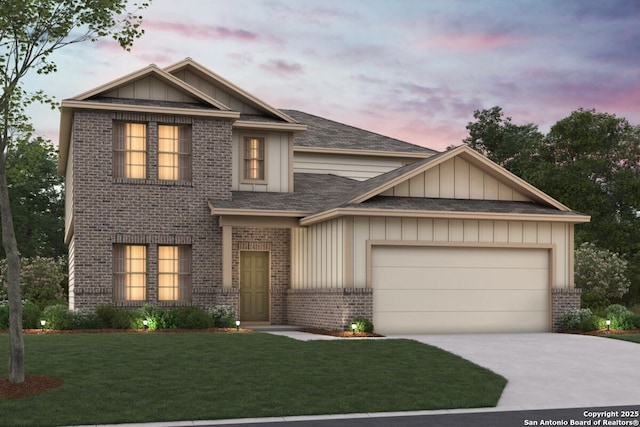 8748 Rucker Pond Trl, San Antonio, TX 78252 - view of front facade with brick siding, concrete driveway, a garage, a lawn, and board and batten siding