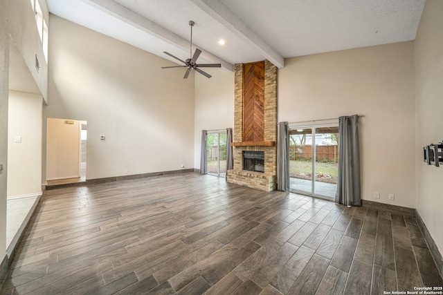 3202 Morning Crk, San Antonio, TX 78247 - unfurnished living room featuring high vaulted ceiling, a brick fireplace, dark wood-style flooring, beamed ceiling, and ceiling fan