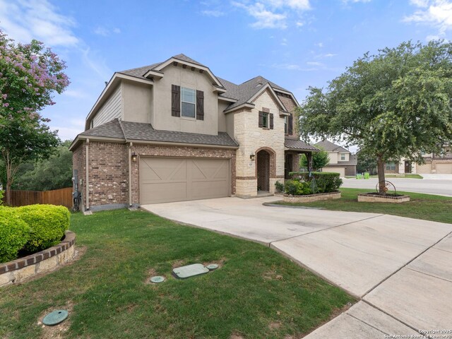 515 Secluded Grv, San Antonio, TX 78253 - view of front facade featuring driveway, an attached garage, roof with shingles, stucco siding, and brick siding