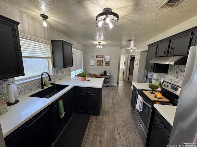 1817 Dusk Dr, Killeen, TX 76543 - kitchen with appliances with stainless steel finishes, under cabinet range hood, a sink, dark wood-style floors, and light countertops