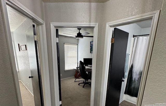 1817 Dusk Dr, Killeen, TX 76543 - carpeted office space featuring a textured wall, ceiling fan, and a textured ceiling