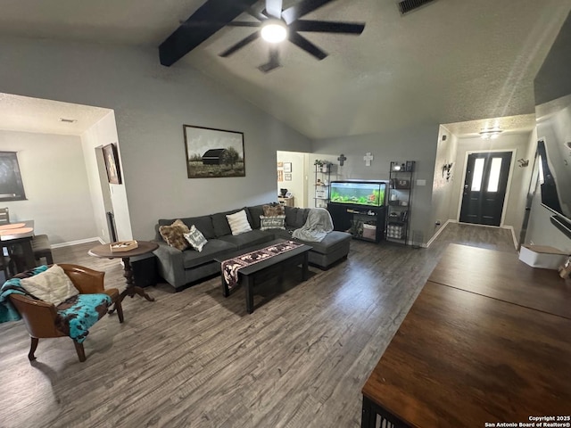 1817 Dusk Dr, Killeen, TX 76543 - living area with a ceiling fan, wood finished floors, and baseboards
