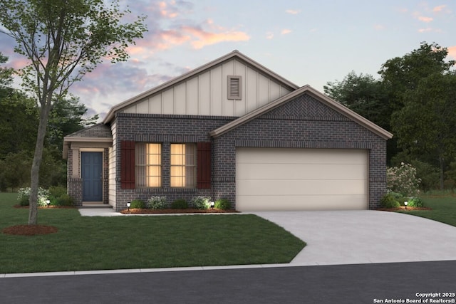 8622 Smithers Ave, San Antonio, TX 78252 - view of front of home with brick siding, board and batten siding, an attached garage, concrete driveway, and a lawn
