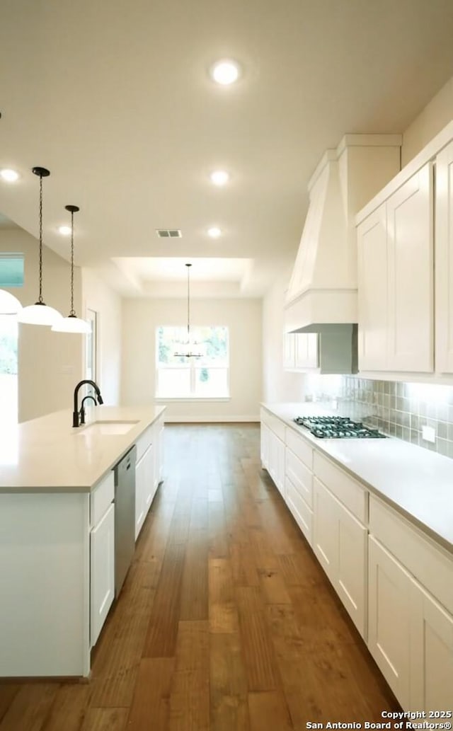 2710 Creekside Vw, San Antonio, TX 78230 - kitchen featuring a sink, stainless steel appliances, custom exhaust hood, recessed lighting, and light countertops