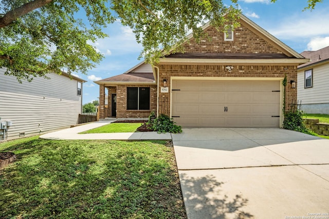 5752 Ping Way, Schertz, TX 78108 - view of front of house featuring brick siding, driveway, a garage, and a front yard