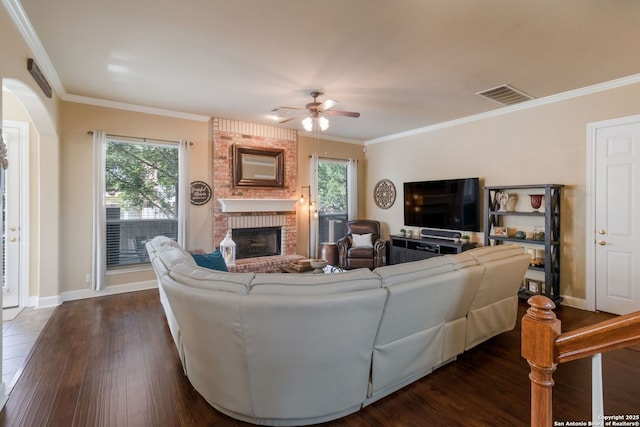 219 Roan Spg, San Antonio, TX 78258 - living area featuring a ceiling fan, a fireplace, dark wood-style floors, ornamental molding, and healthy amount of natural light