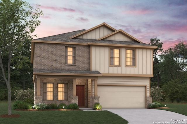 10330 Tule Creek Frk, San Antonio, TX 78252 - view of front of home with brick siding, an attached garage, board and batten siding, driveway, and a lawn